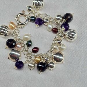 Sterling Silver Multi-Color Charm Bracelet with Amethyst and Pearls